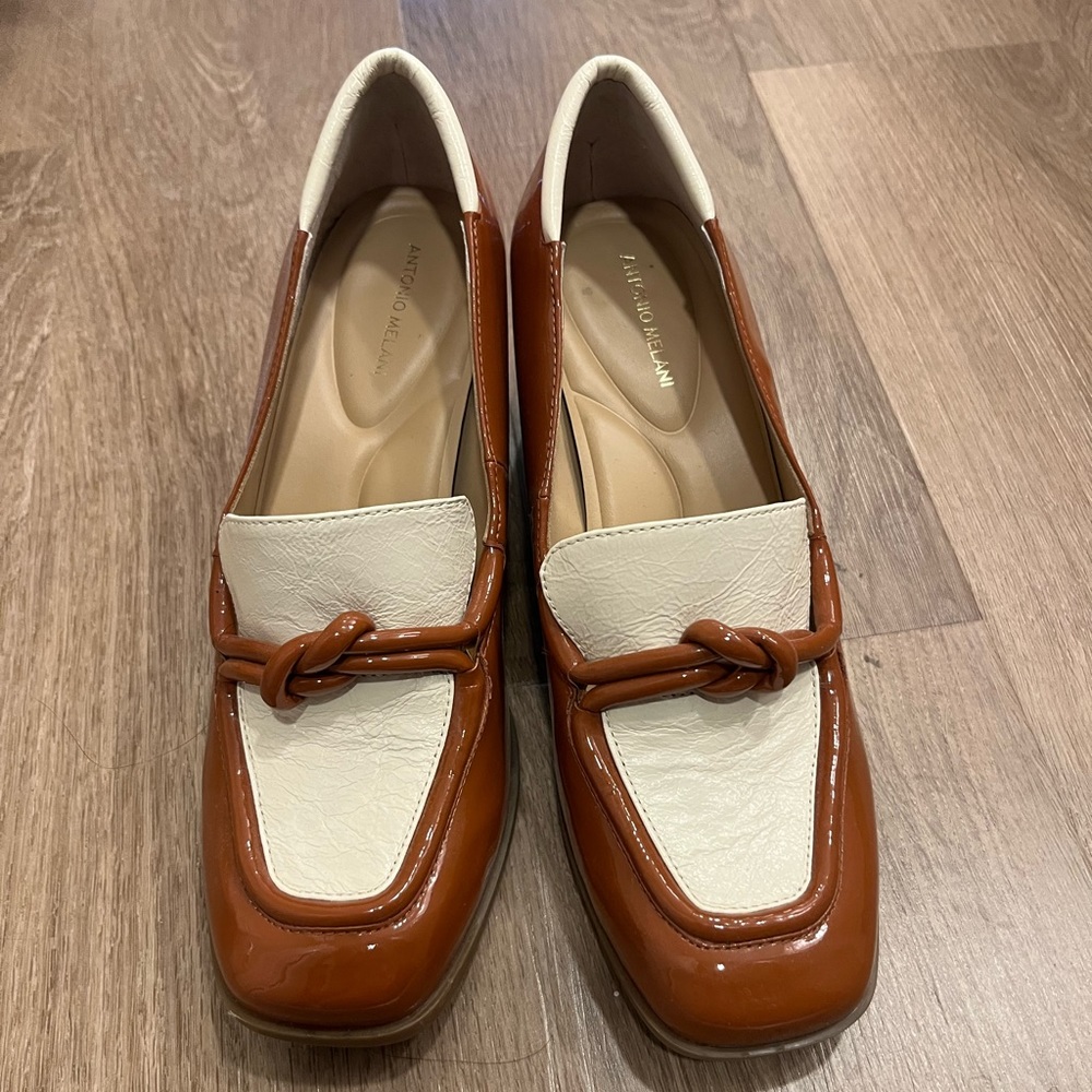 Brown and cream heeled loafers